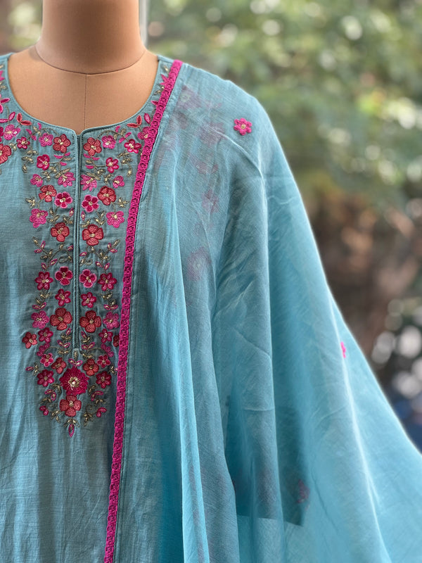Blue Embroidered Mul Suit