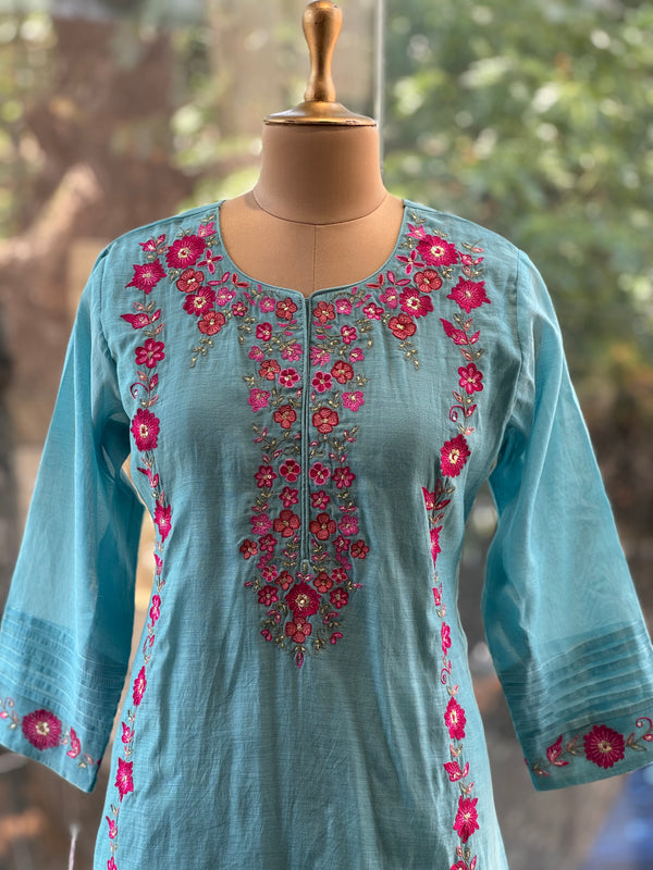Blue Embroidered Mul Suit