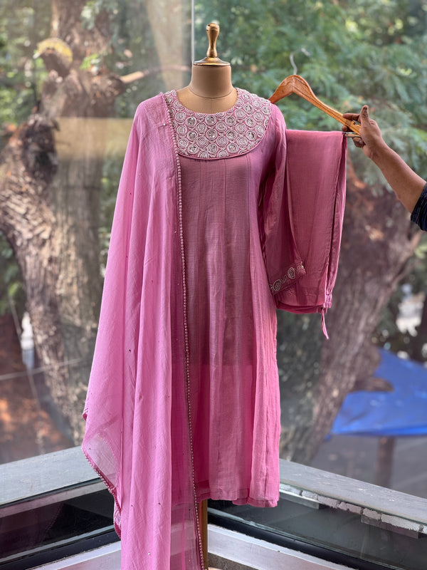 Pink Mul Beads Work Suit