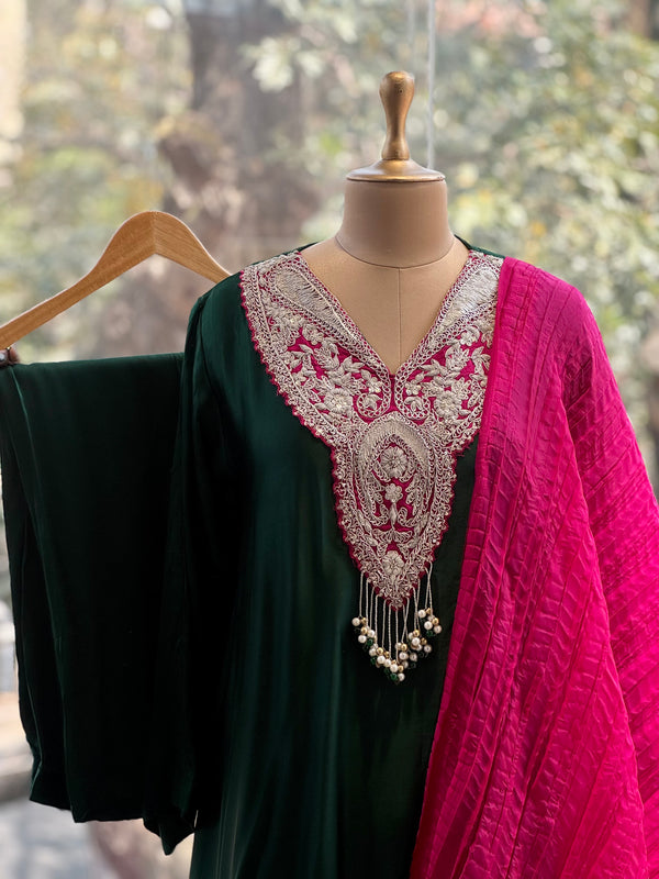 Green Crushed Dupatta Set