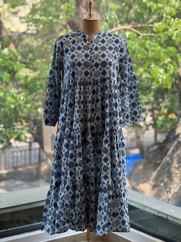 Blue Printed Tiered Dress