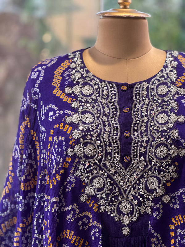 Purple Bandhej Kaftan Style Gown