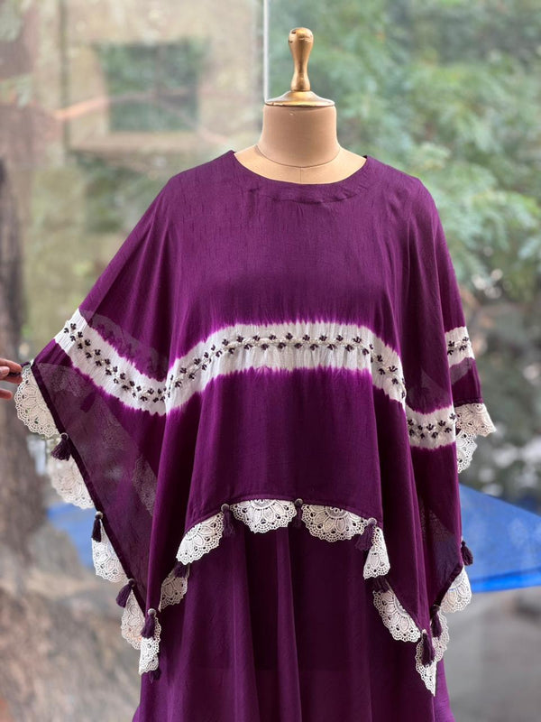 Purple hi-low sleeveless tunic with matching tie-dye kaftan and lace detailing