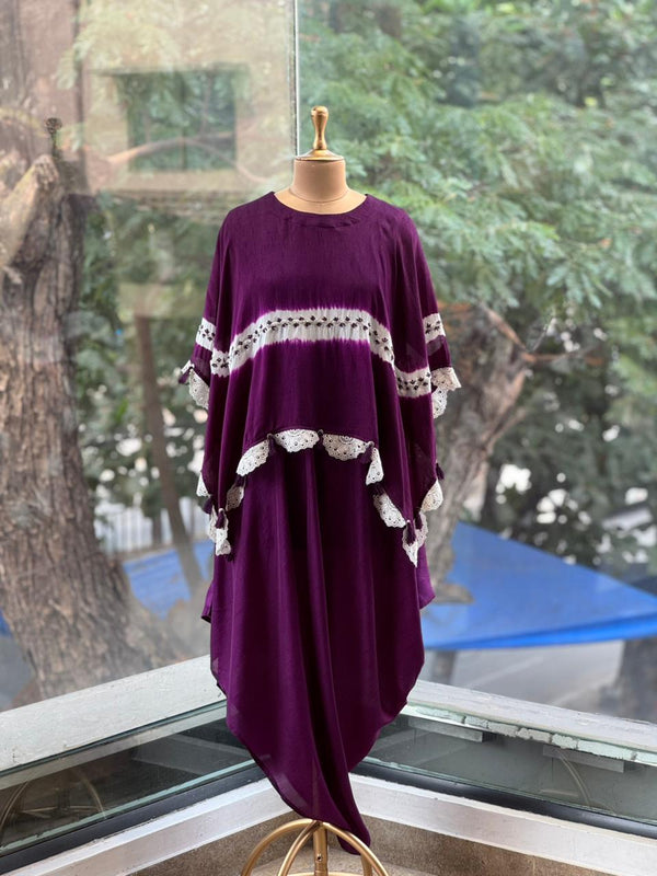 Purple hi-low sleeveless tunic with matching tie-dye kaftan and lace detailing