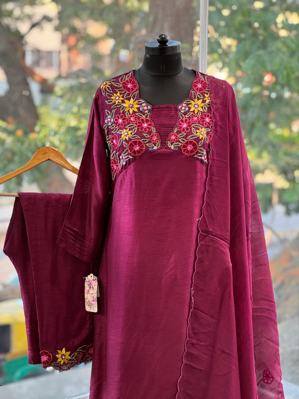 Wine colour silk embroidered suit