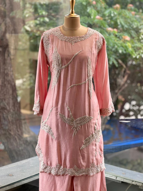 Pink Bird Embroidered Palazzo Set