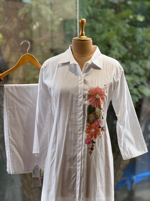 Half White One Side Embroidered Co Ord