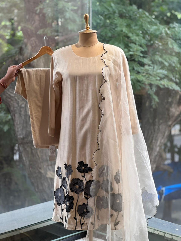 Half White Floral Patch Work Suit