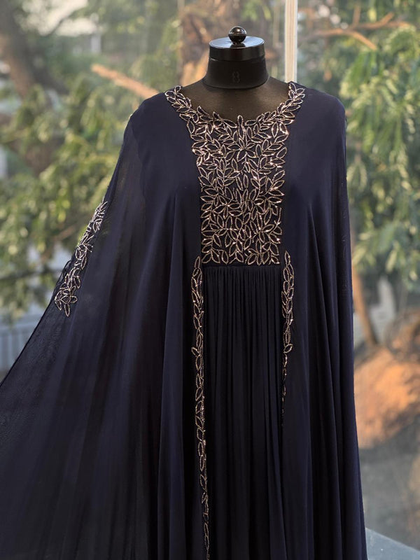Navy Blue Pipe Work Gown
