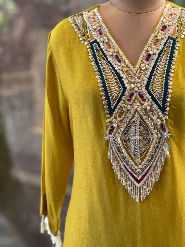 Yellow Color Block Dupatta Set