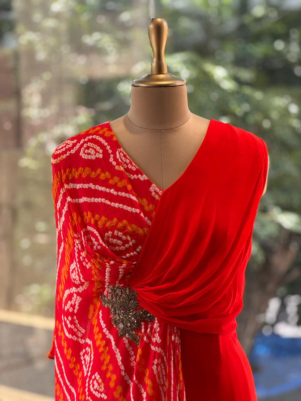 Orange Bandhej Flap Gown