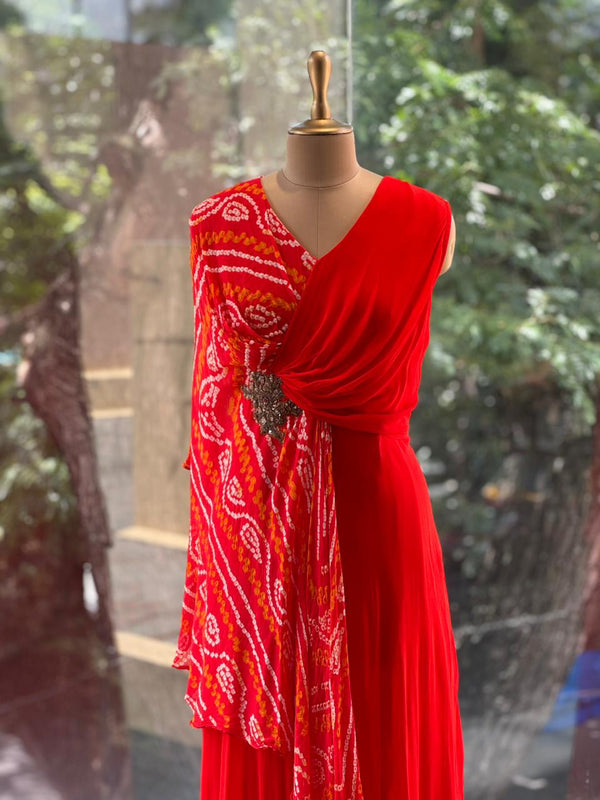 Orange Bandhej Flap Gown