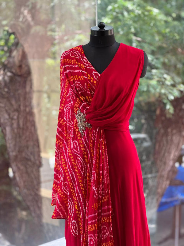 Red Bandhej Flap Gown