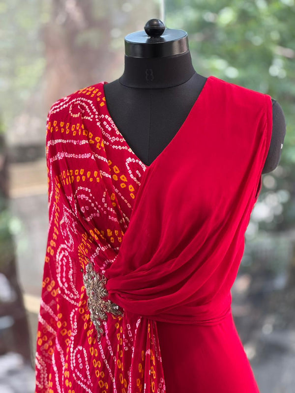 Red Bandhej Flap Gown