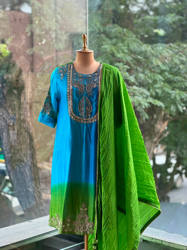 Blue Shaded Chanderi Silk Suit
