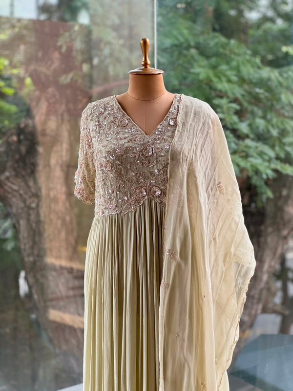 Pista Green Intricate Yoke Gown