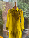Greenish Yellow Organza Shirt & Pleated Skirt Set with Applique Detail