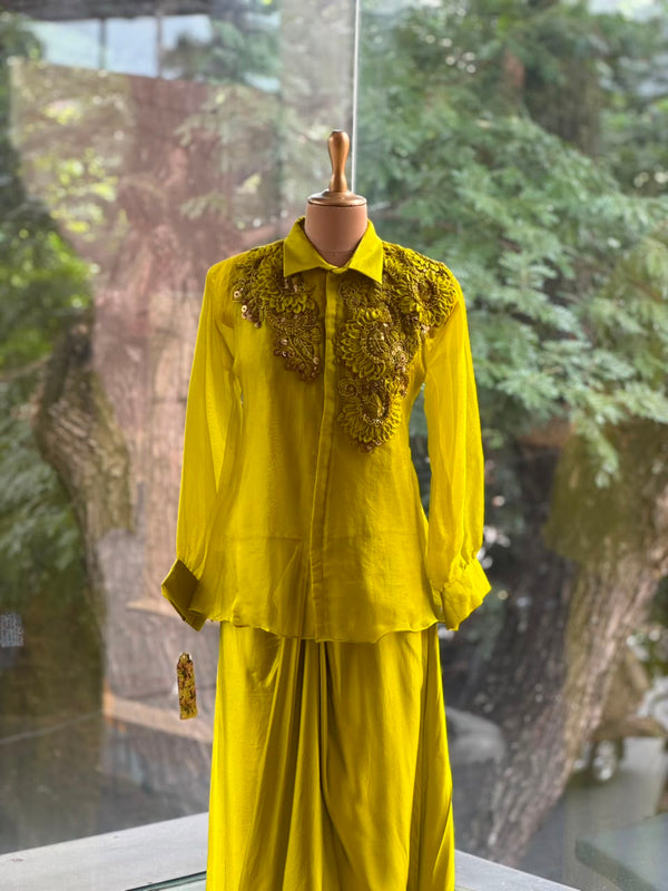 Greenish Yellow Organza Shirt & Pleated Skirt Set with Applique Detail