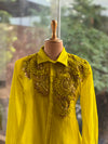 Greenish Yellow Organza Shirt & Pleated Skirt Set with Applique Detail