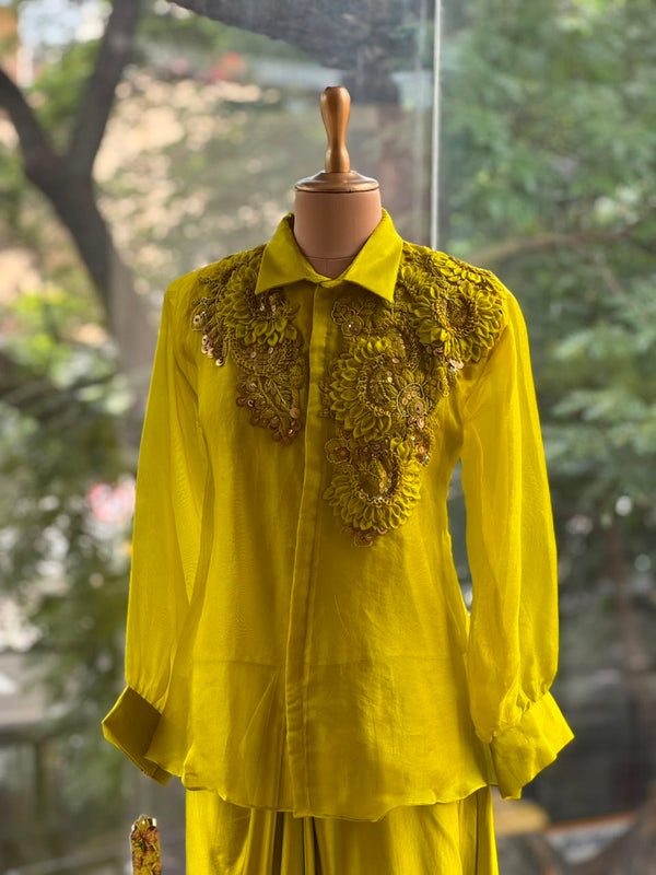 Greenish Yellow Organza Shirt & Pleated Skirt Set with Applique Detail