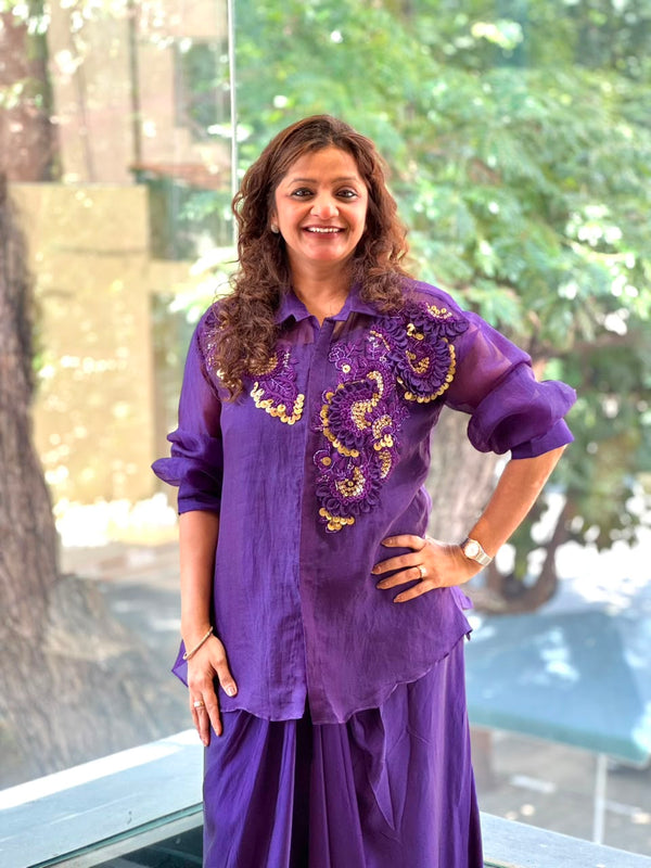 Purple Organza Shirt & Pleated Skirt Set with Applique Detail