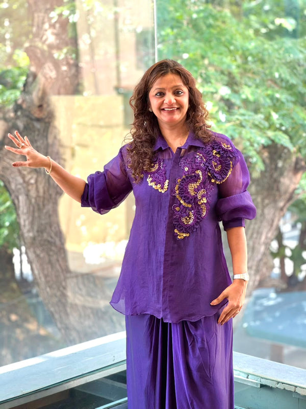Purple Organza Shirt & Pleated Skirt Set with Applique Detail