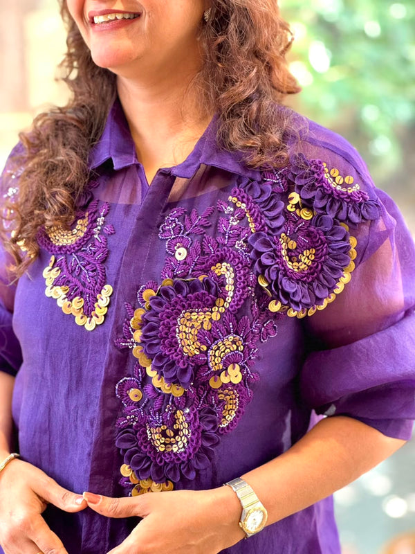 Purple Organza Shirt & Pleated Skirt Set with Applique Detail