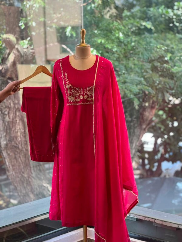Reddish Maroon Mul Chanderi Suit