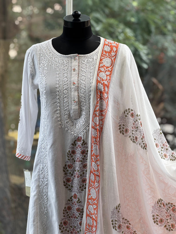 White Chikankari Dupatta Set