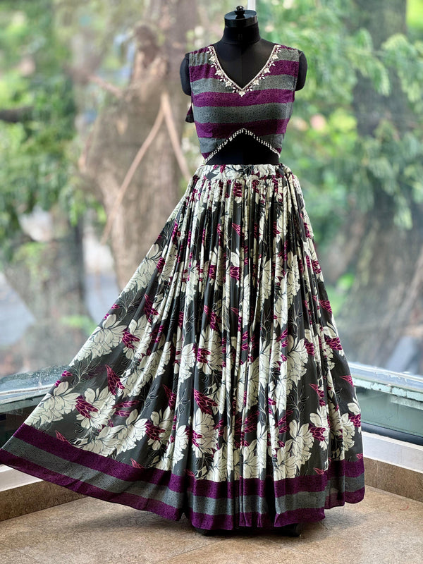 Grey/Purple Floral Lehenga Set