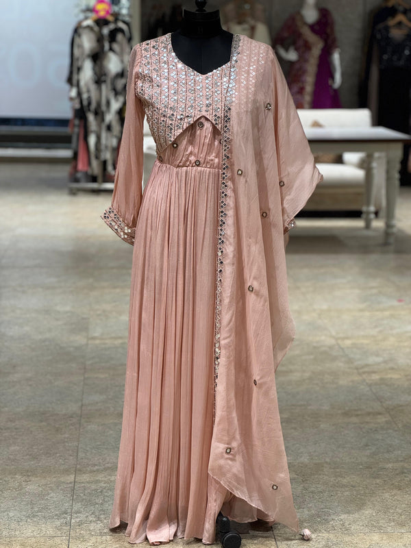 Peach Mirror Work Gown