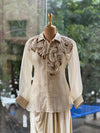 Beige Organza Shirt & Pleated Skirt Set with Applique Detail