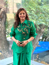Emerald Green Organza Shirt & Pleated Skirt Set with Applique Detail