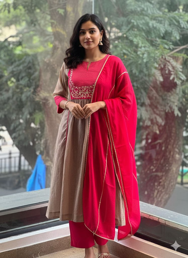 Brown Mul Dupatta Set