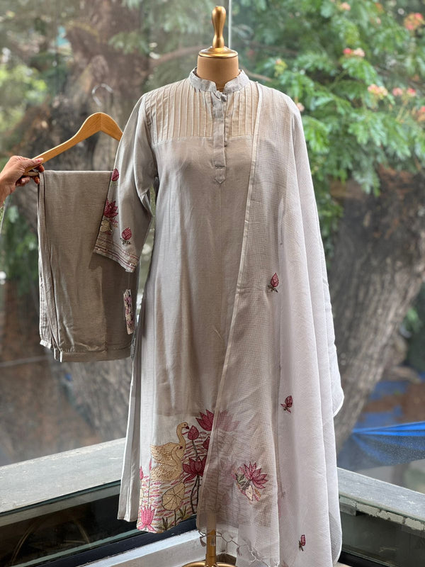 Grey Chanderi Silk Dupatta Set
