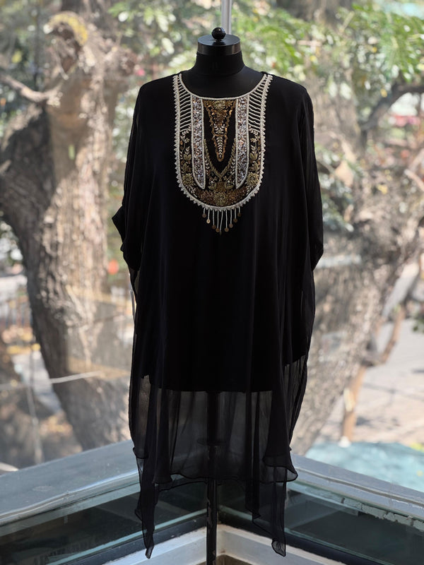 Black Intricate Yolk Kaftan Set