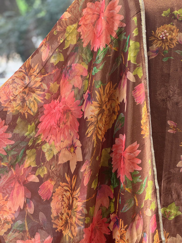 Brown Tissue Floral Dupatta Set