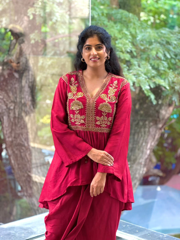 Maroon Peplum Top Skirt Set