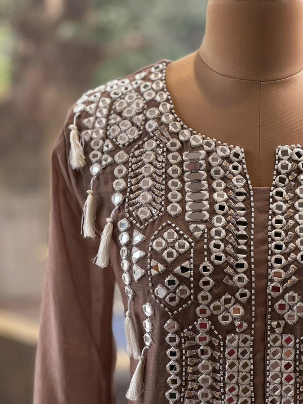 Brown Mirror Yoke Dupatta Set