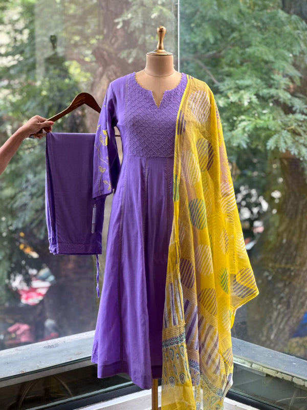 Purple Kota Dupatta Set