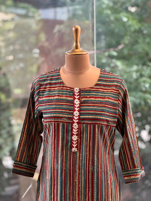 Pure Cotton Striped Kurta with Embroidery