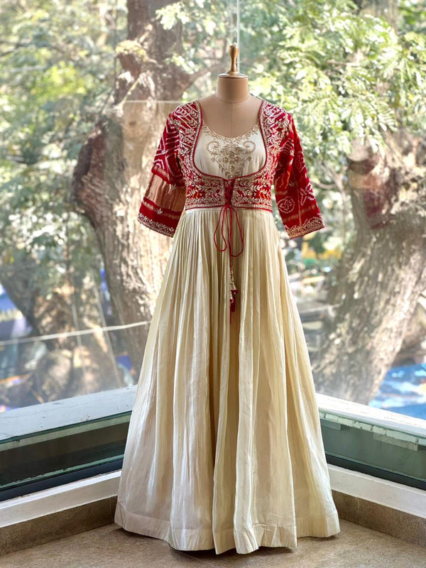 Crean/Red Bandhej Gown