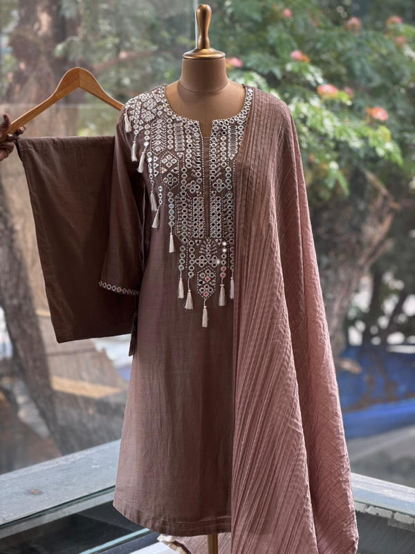 Brown Mirror Yoke Dupatta Set