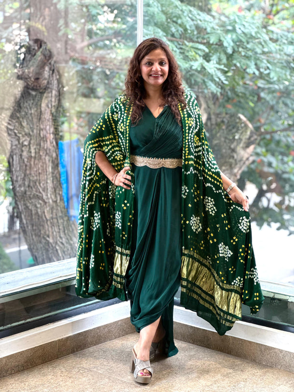 Green Bandhej Cape Set
