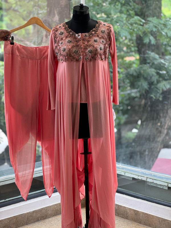 Pink Asymmetrical Cut Dhoti Set