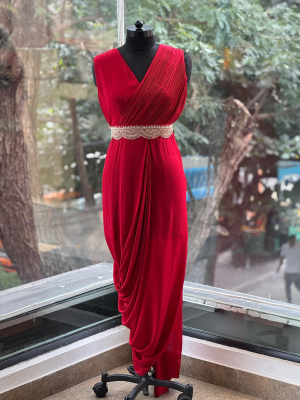 Red Bandhej Cape Set