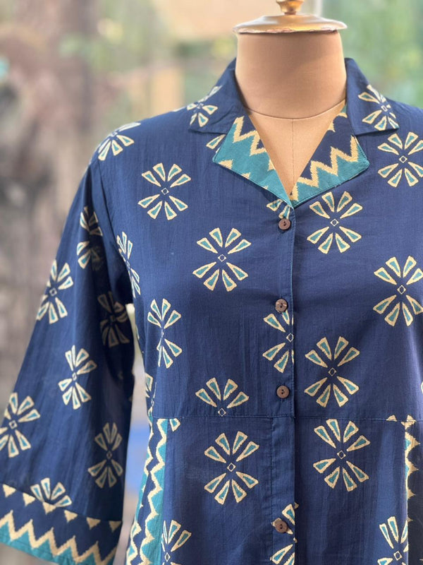 Blue A-Line Collared Neck Tunic