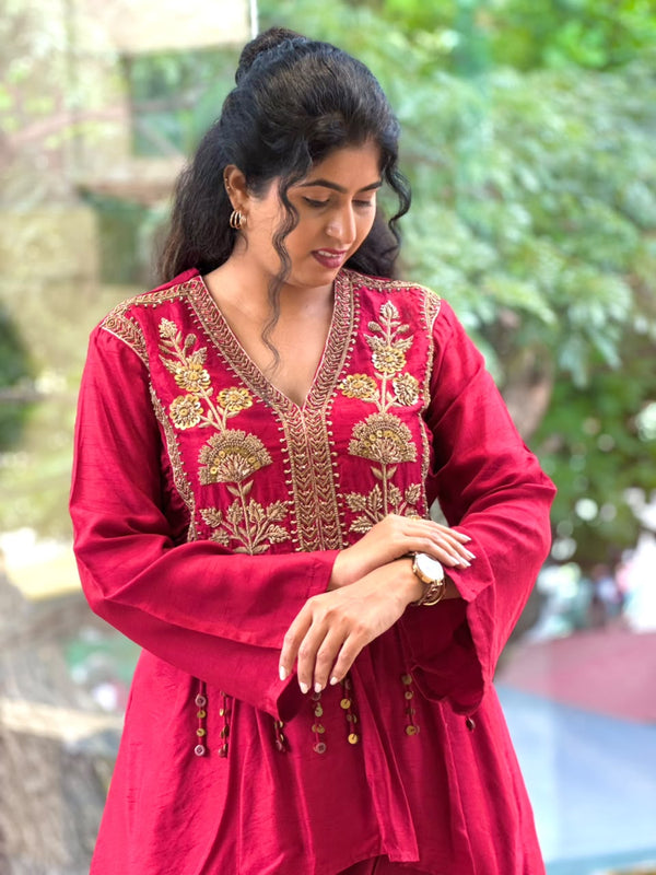 Maroon Peplum Top Skirt Set