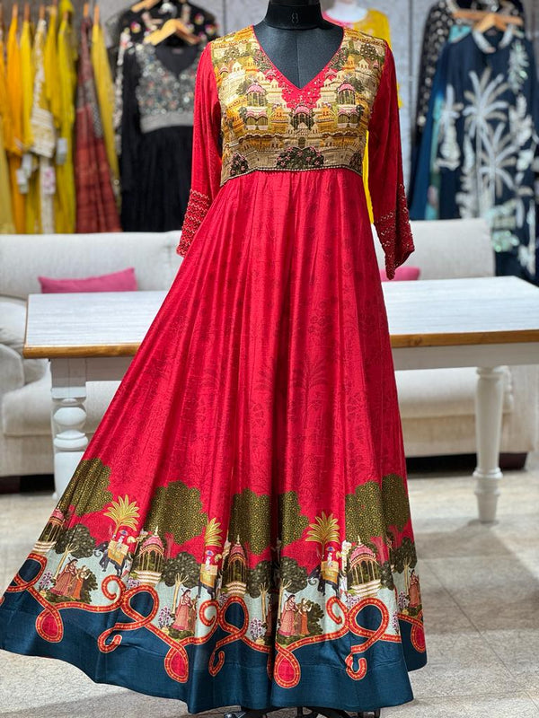 Red Digital Print Gown