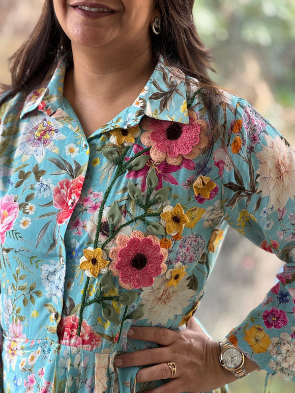 Blue Floral Side Cowl Tunic